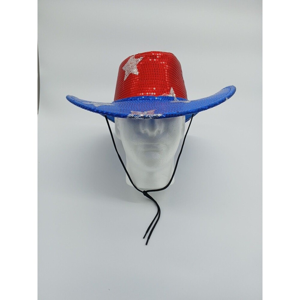 Sequin Patriotic Cowboy Hat Red White Blue Stars USA Rodeo Festival Western - Picture 2 of 5